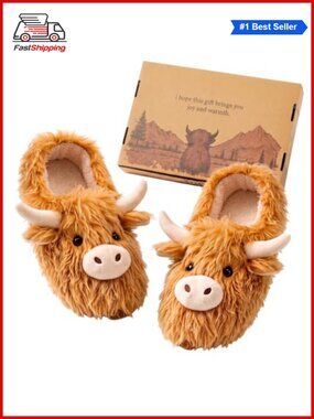 🎅 Fuzzy Highland Cow Slippers Cozy Plush Animal House Shoes Gift Set
